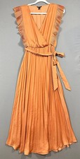 Versona Women’s Orange Solid Maxi Dress S Ruffle Belted Tie Woven Rayon
