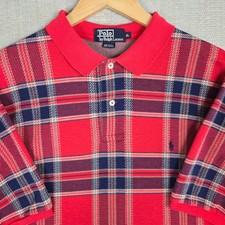 POLO RALPH LAUREN VTG Made in USA Mens Polo Shirt Sz XL Tartan Plaid Red Cotton