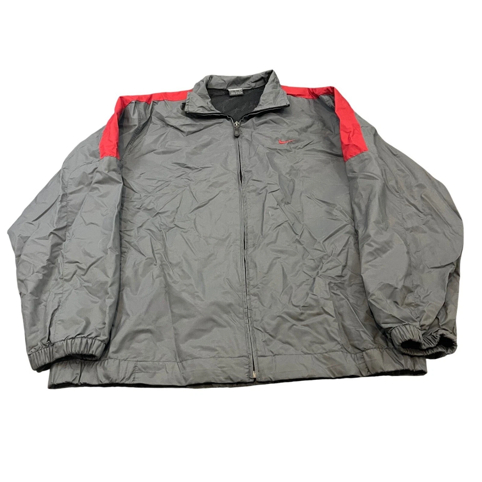 y2k Nike Windbreaker Jacket Mens Large Gray Red Full Zip Mesh Lined Swoosh