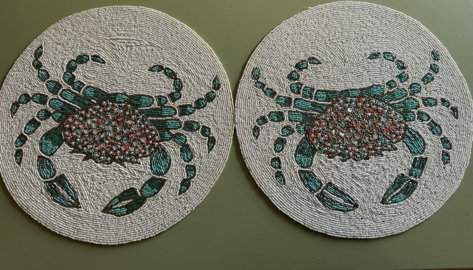 Set Of 2 Coastal Collection Colorful Crab Beaded  15” Placemat Charger NEW India