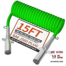 7 Way Coiled Trailer Cord 15 FT ABS Heavey Duty, Effective Length 8-10 FT SAE