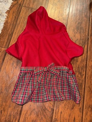 Red Plaid Hooded Dress Top With Bow for Medium Dogs and Cats