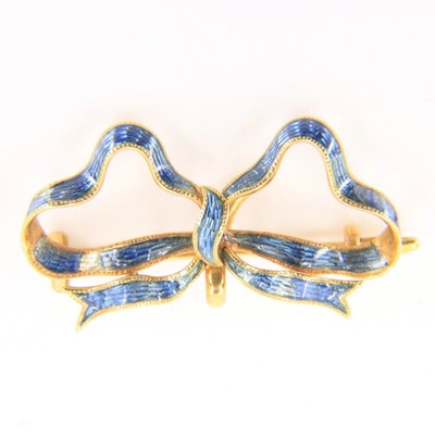 Antique 18k Gold Blue Enamel Detailed Bow Brooch Watch Suspension 1787 Georgian