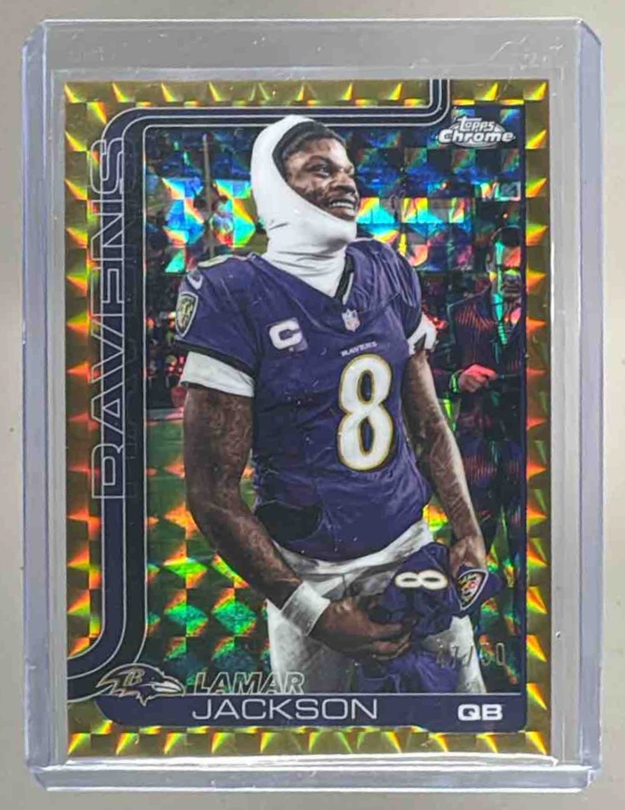 Lamar Jackson 2025 Topps Chrome #24 Gold Geometric Refractor Image Variation /50
