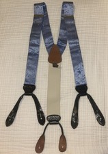 Trafalgar Blue Silk Floral With Black Leather Button Attachments Suspenders
