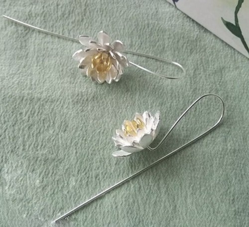 Anthropologie Lotus Earrings Flower Silver Gold 925 Sterling Drop Pastoral - Picture 7 of 12