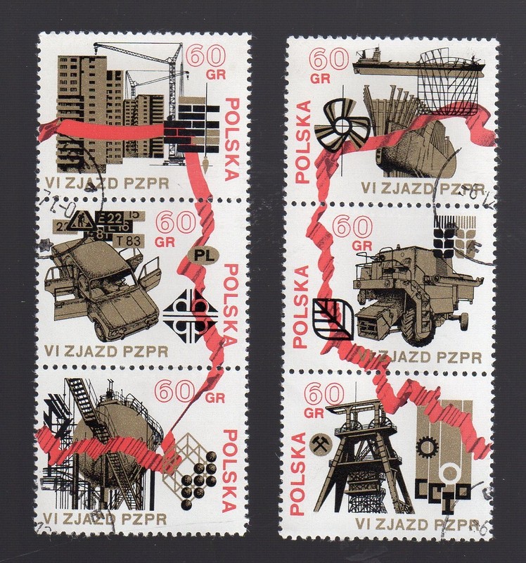 POLAND (1971) 6th CONGRESS OF POLISH UNITED WORKER'S PARTY (6 stamps- 2 strips)