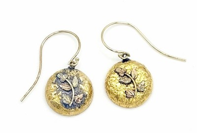 Antique Victorian 14K Gold French Wire Dangle Earrings Leaf Floral