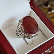 Natural Rare Red Yemeni Agate Aqeeq 925 Sterling Silver Handmade Ring Size US 10