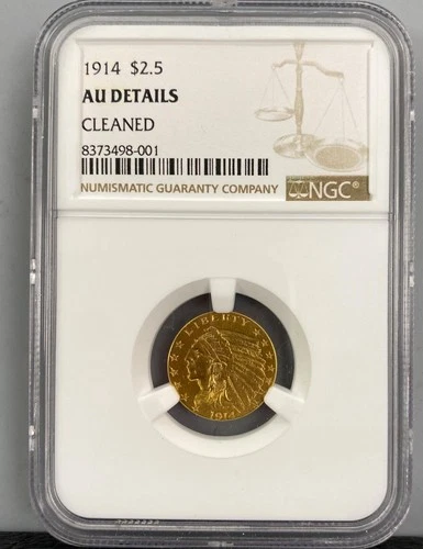 1914 US $2.50 Gold Indian Coin NGC AU DETAILS CLEANED .1209AGW L24245
