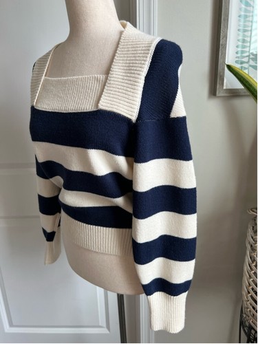 Anthropologie Kourt Sweater Monica Striped Large Blue Cream Cropped Square Neck - Picture 3 of 15