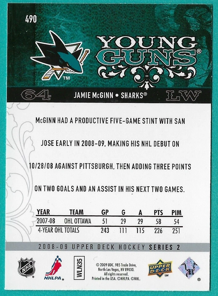 2008/09 Upper Deck Young Guns card# 490 of Jamie McGinn - Image 2 of 2
