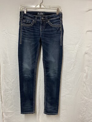Women s SILVER Jeans Aiko Skinny Dark Wash Embellished Jeans sz 27 (25x29)-EUC
