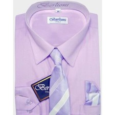 BERLIONI ITALY KIDS BOYS DRESS SHIRT LONG SLEEVE WITH TIE  HANKY SOLID LILAC
