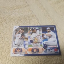 2023 Topps Series 1 AL Wins Leaders Blue Parallel #82 Verlander Valdez Manoah