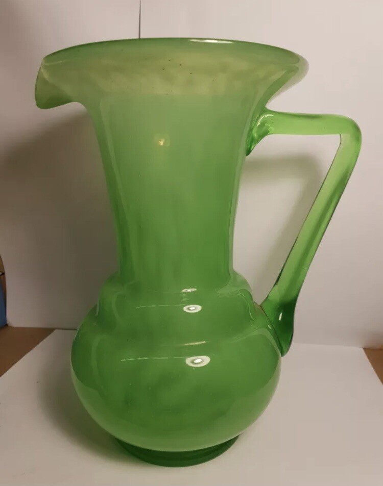 XL ~8.5”H Scarce Green Jadeite Uranium Glass Jug Pitcher Excellent Niska cena wyprodukowana w Japonii