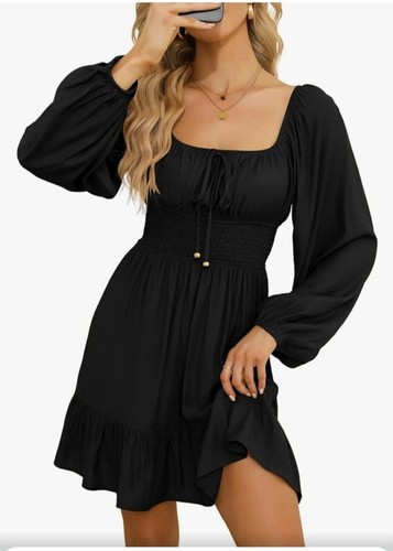 Dokotoo Womens Black Long Lantern Sleeve A-Line Mini Dress Square Neck Size L