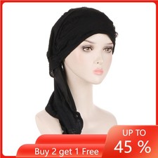 Women Bonnet Hijab Hat Muslim Chemo Cap Long Tail Turban Pre-Tied Head Wrap Hat