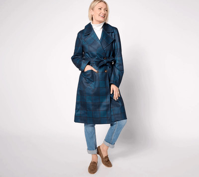 Thread Collective $159 Plaid Double Breasted Belted Trench Coat Navy blue L NWT