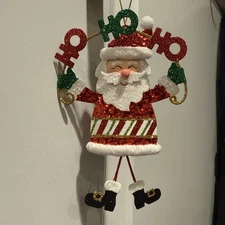 EUC Pier 1 One Vintage Santa “HO HO HO”Ornament Glitter Dangly Legs Retired EUC