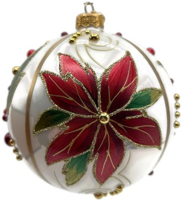 Glitter Lab Christmas Patterns Poinsettia Leaves White Orb Ball Holiday Ornament
