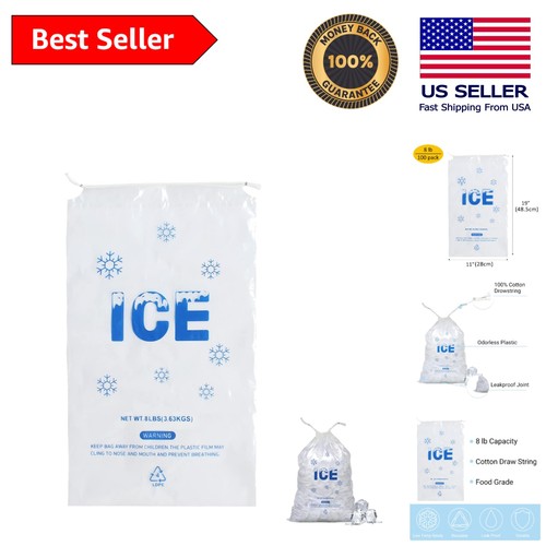 100-Pack Heavy-Duty Plastic Ice Bags with Cotton Drawstring - 8 lb Capacity - Picture 1 of 7