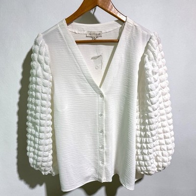 The Line Of Style Blouse Womens XL White Puff Sleeve Button Front NWT