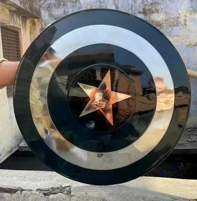Black Captain America Full Size Shield Metal W/Leather Marvels Avengers Legend