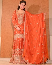 Exclusive Look Orange Chinon Silk Top Palazzo With Dupatta For Functional Wear