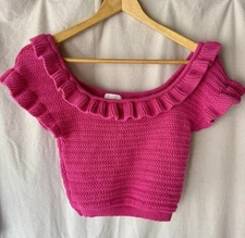 Women’s H&M Hot Pink Knitted Ruffle Crop Top Boat Neck Size Small