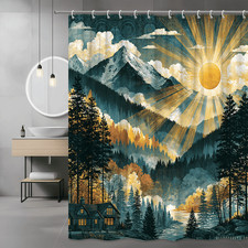 Mountain Forest Sunrise Shower Curtain, Scenic Landscape Print