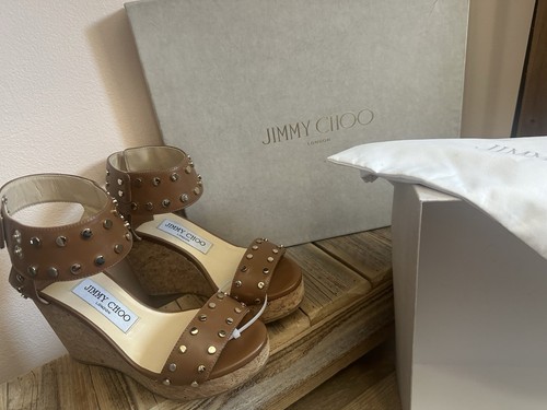 Jimmy Choo Nelly Studded Cork Wedge Sandal Brown MSRP: $695.00 Size 35 Authentic - Picture 1 of 4