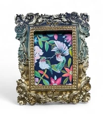 Hummingbirds watercolor mini art print in multicolor vintage style ornate frame