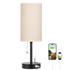 Table Lamp for Bedroom Desk with USB Ports, Pull Chain Control, Beige
