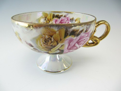 Royal Sealy Japan Cup & Saucer Large Pink Cabbage Rose Lusterware Reticulated - Picture 5 of 9