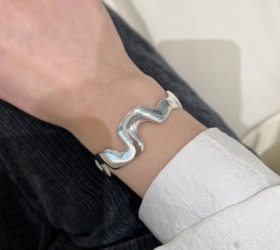 Vintage Retro Punk 925 Sterling Silver Wavy Bracelet Elegant
