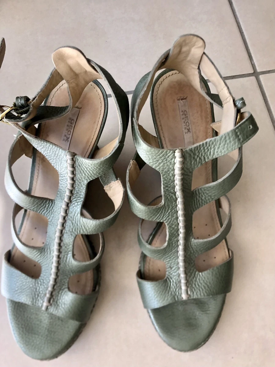 GEOX Respira Sandales Compens es Cuir Vert Amande Lani res T 38