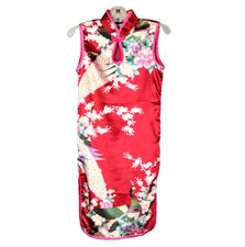 Asian Chinese Inspired Sleeveless Qipao Dress Floral Peacocks Red Girls' 6