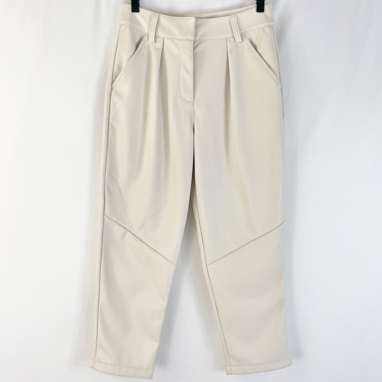 Womens Tan Pleated Leather Pants - High Waist Tapered Fit
