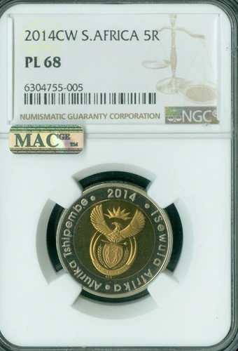 2014 CW SOUTH AFRICA 5 RAND NGC MS68 MAC 2ND FINEST GRADE & SPOTLESS RARE * 