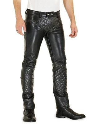 Men's Real Leather Bikers Pants pintex Pockets Pleated Panels Bikers Pants All S