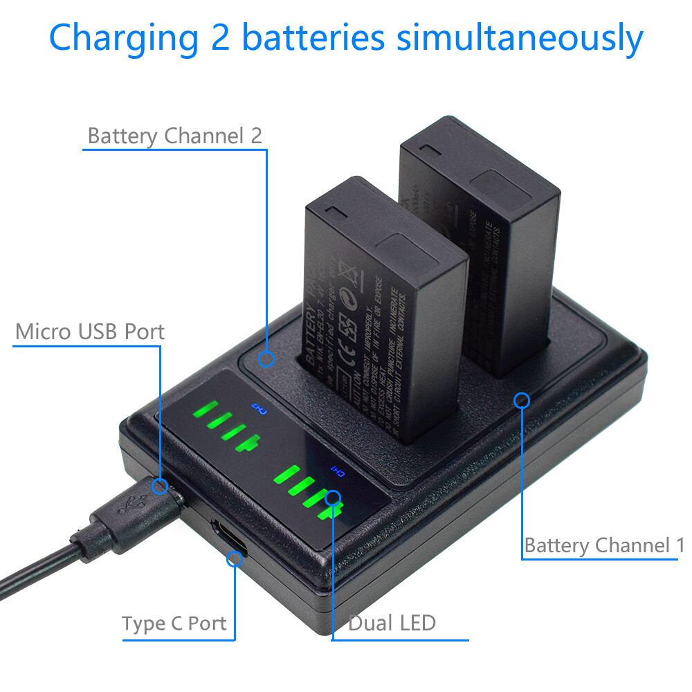 Palogreen ENEL20 accu 1000 mAh met LED en USB-C-oplaadkabel voor Nikon Coolpix P1000, Coolpix A, P950, 1 J1, 1 J2, 1 J3, 1 S1, 1 V3, DL24-500, 1 AW1