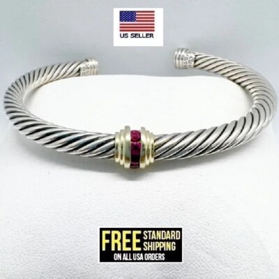 Cable Sterling Silver & Gold plated & simulated Ruby Cuff Bracelet designer
