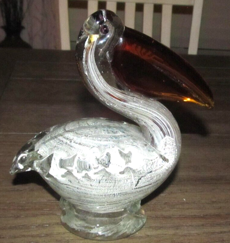 Vintage Murano Style Art Glass Pelican Figurine paper weight Amber Bill Silver