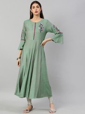 Indian Traditional Women's Shaded Viscose Embroidered Anarkali KurtaKurti Green