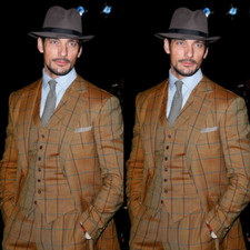 Brown Check Retro Men's Suits Formal Business Wedding Groom Tuxedo Three Pieces