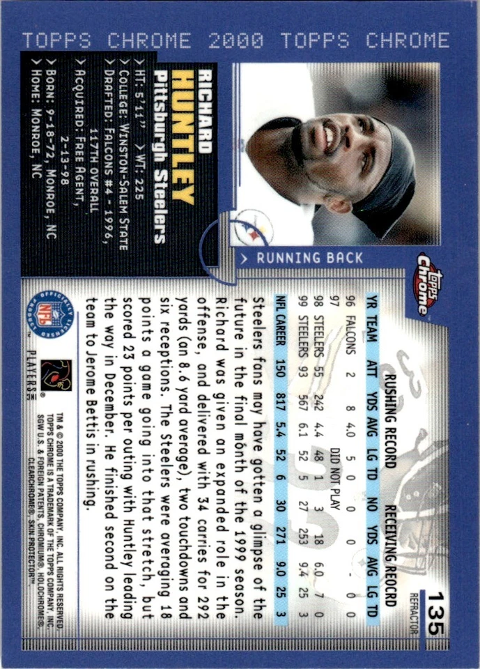 2000 Topps Chrome Refractor Richard Huntley Pittsburgh Steelers #135 - Image 2 of 2