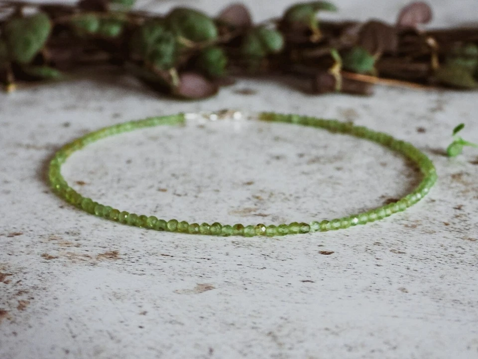 Natural Peridot Dainty Anklet 2mm Olive Green Faceted Crystal Beaded Anklet Gift - Image 2 of 4