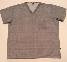 Chef Designs Short Sleeve Black White Checked Cook Shirt V-neck Size Large