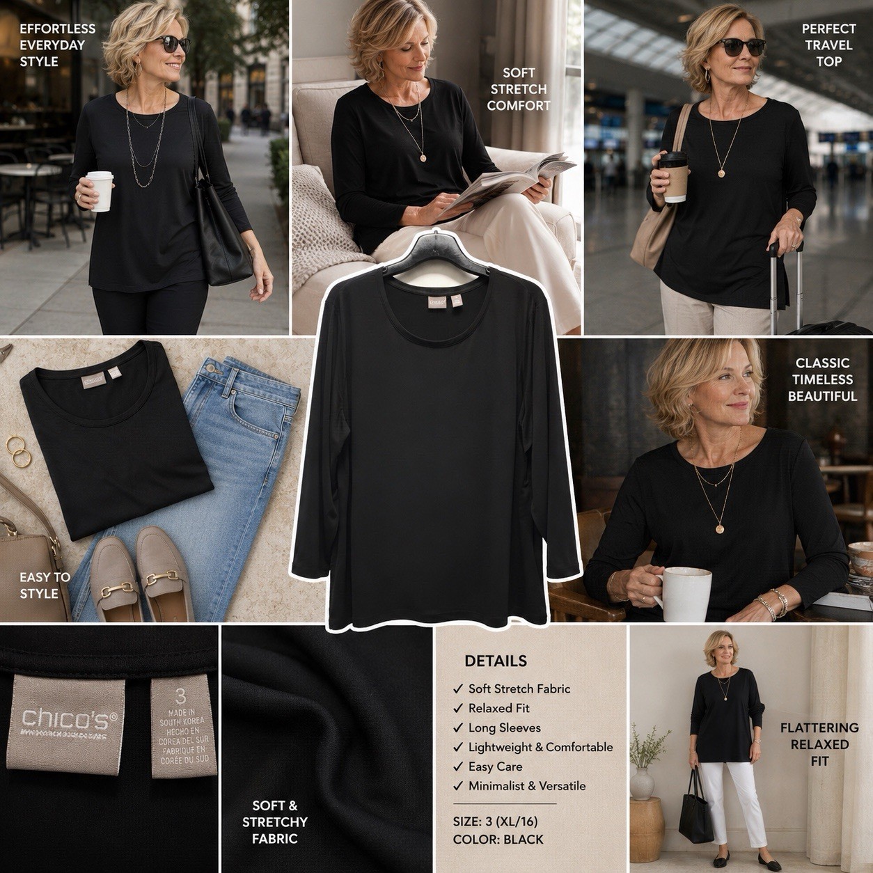 Chico’s Travelers Blouse Size 3 Black Stretch Minimalist Tunic Luxe Soft Capsule